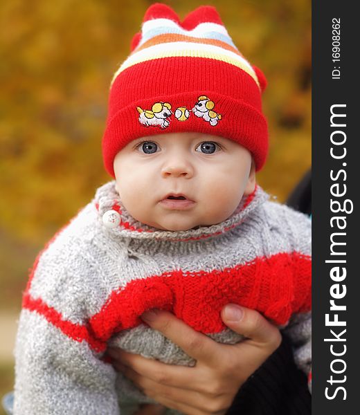 Newborn baby with cap during autumn. Newborn baby with cap during autumn