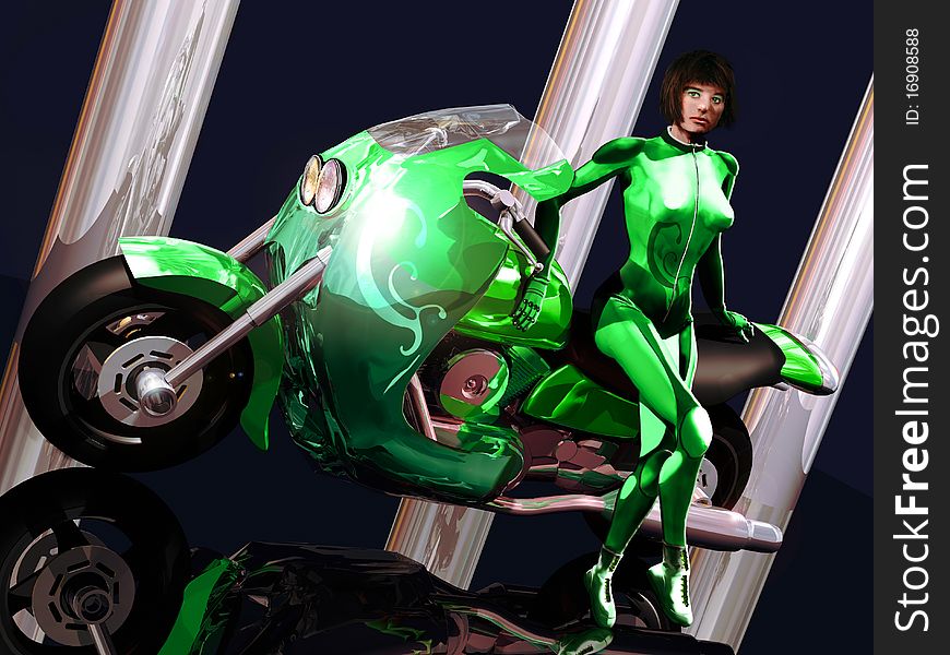 A woman dressed with a motorcyclist costume, sat on a big capacity green motorcycle. A woman dressed with a motorcyclist costume, sat on a big capacity green motorcycle.