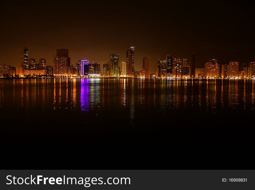 Night view of Sharjah Khalid Lagoon known as AlBuhaira. Night view of Sharjah Khalid Lagoon known as AlBuhaira