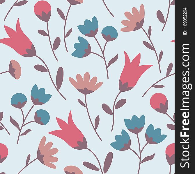 Seamless pattern with wildflowers in cool colors. Summer floral background