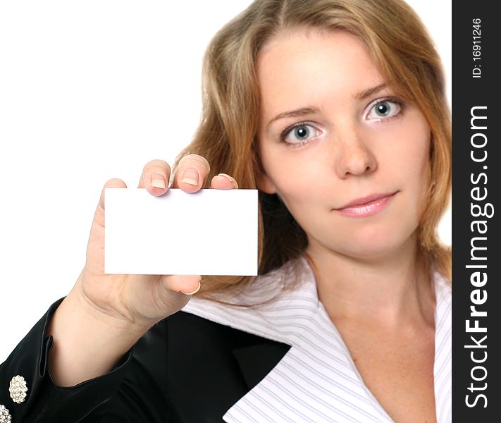 Young businesswoman holding blank card, close-up photo