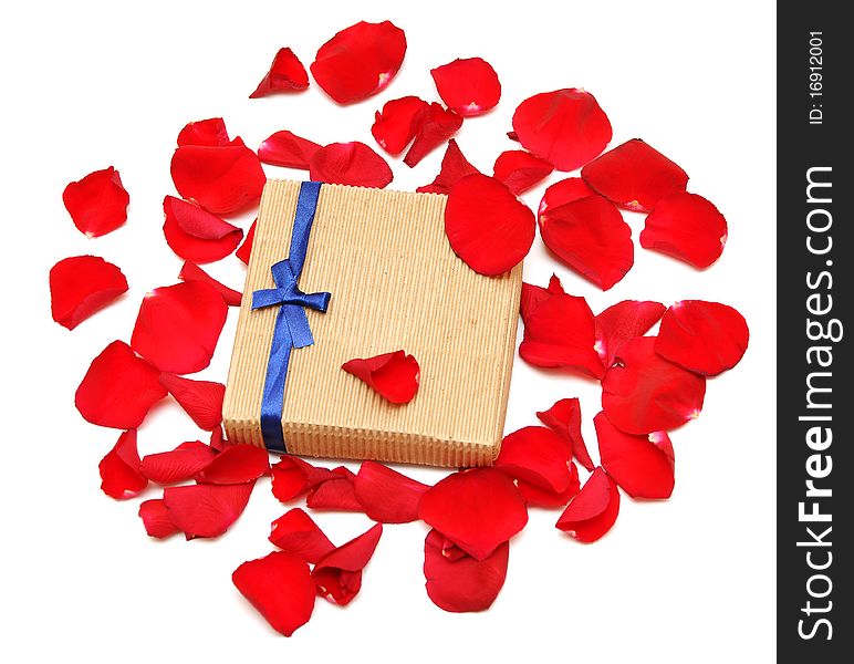 Red rose petals and gift on white background