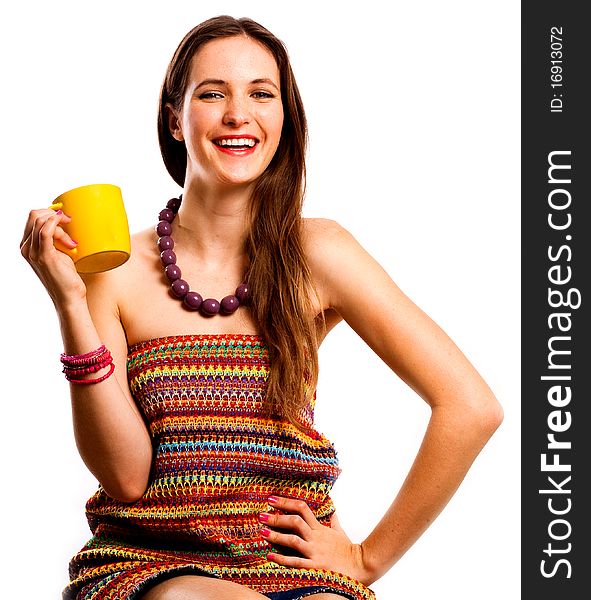 Beauty young laugh woman with yellow cup isolated on a white. Beauty young laugh woman with yellow cup isolated on a white