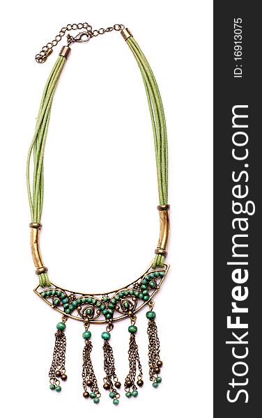 Indian retro necklaces from green gems isolated on a white