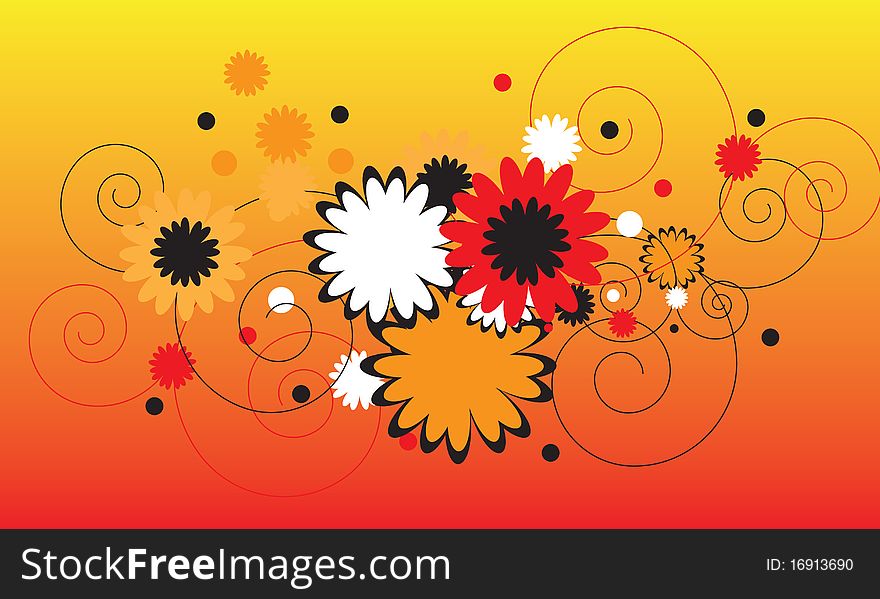 Floral Background / Design Element with red, orange and black flowers