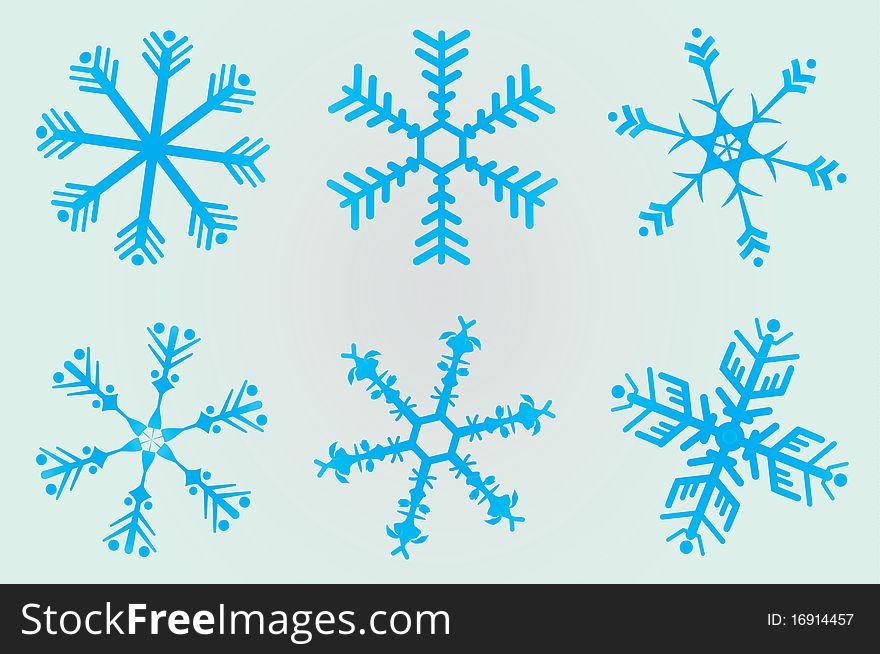 Illustration of 6 blue Christmas snowflakes. Illustration of 6 blue Christmas snowflakes