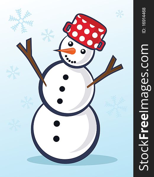 Illustration of snowman with snowflakes in background falling. Illustration of snowman with snowflakes in background falling