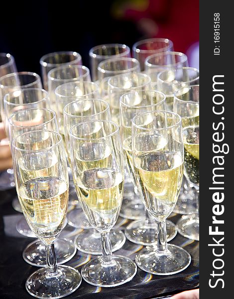 Party set of champagne flutes aligned and served in a tray. Party set of champagne flutes aligned and served in a tray