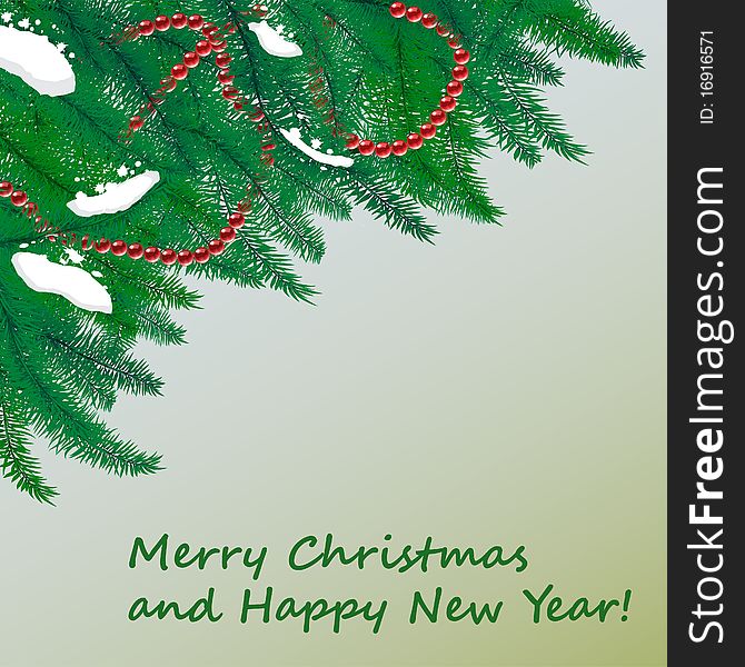 Card for the holiday with branches of Christmas tree with decorations. Card for the holiday with branches of Christmas tree with decorations