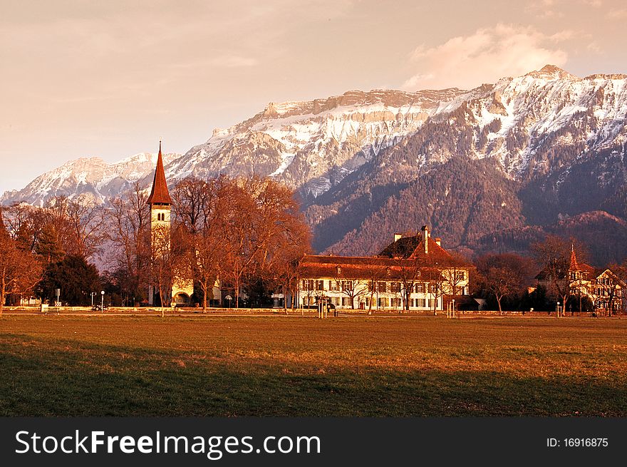 Swiss Village In The Alps at sunset,Switzerland. Swiss Village In The Alps at sunset,Switzerland.