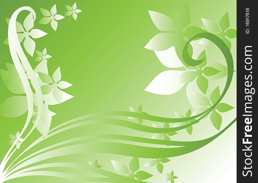 Green abstract background with flowers and fantasy lines