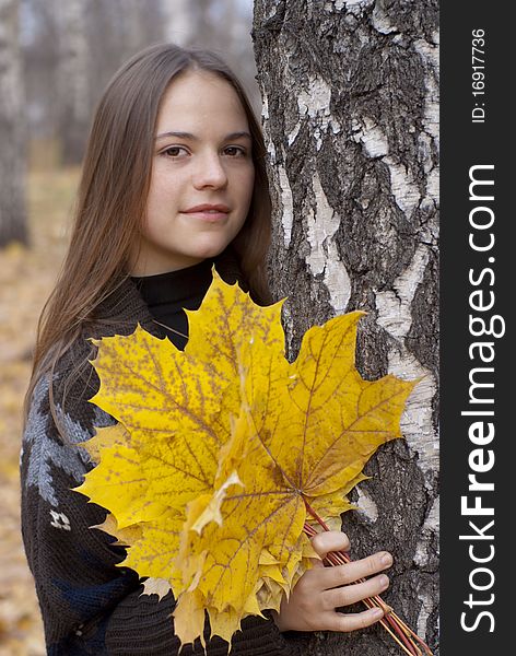 Portrait of cute girl in autumn park with leaves next to birch.
