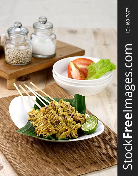 Satay from chicken bowel, known and familiar from indonesian cuisine. Satay from chicken bowel, known and familiar from indonesian cuisine
