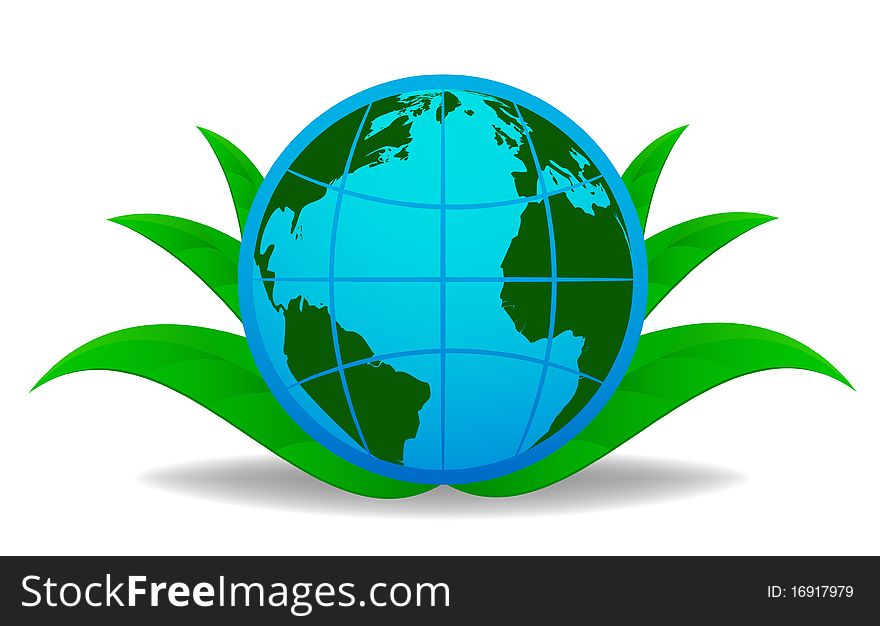 Vector illustration. Blue globe with green leaf on background