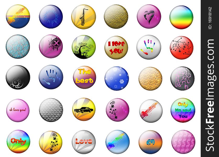 Bright buttons on a white background with different drawings