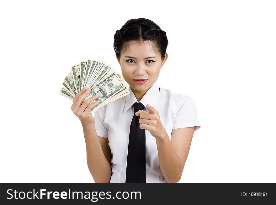 Businesswoman with a lot of money pointing at you, isolated on white background