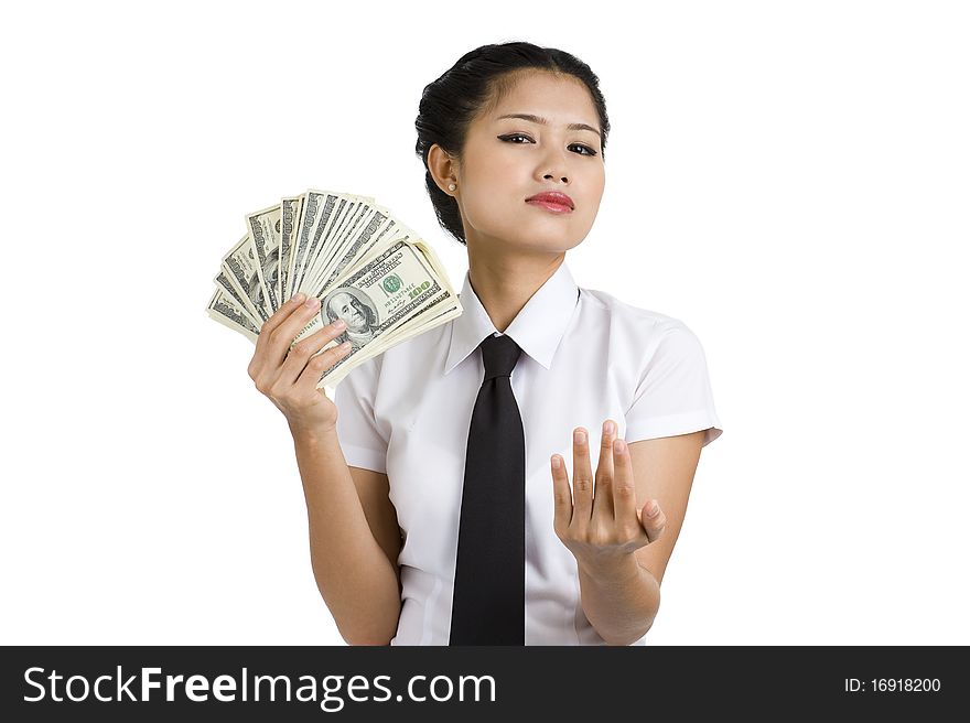 Businesswoman with a lot of money asking for something, isolated on white background