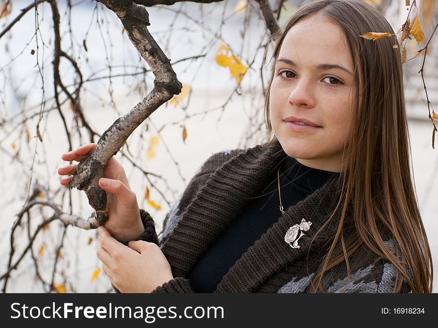 Portrait of brunette girl in autumn park with leaves next to birch. Portrait of brunette girl in autumn park with leaves next to birch.