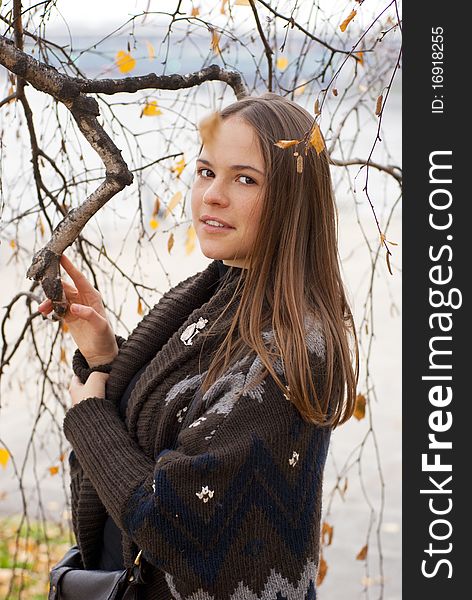 Portrait of brunette girl in autumn park with leaves next to birch. Portrait of brunette girl in autumn park with leaves next to birch.