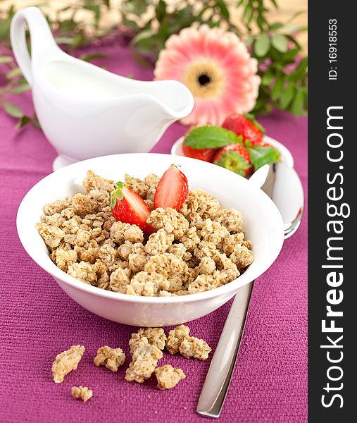 Muesli with milk and strawberries. Muesli with milk and strawberries