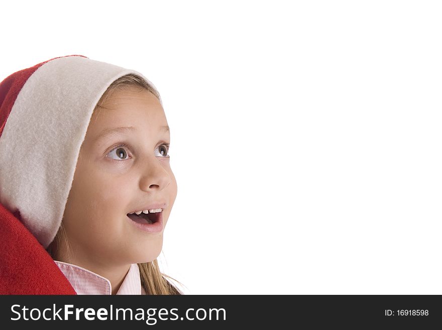 Child in a red cap on the white background