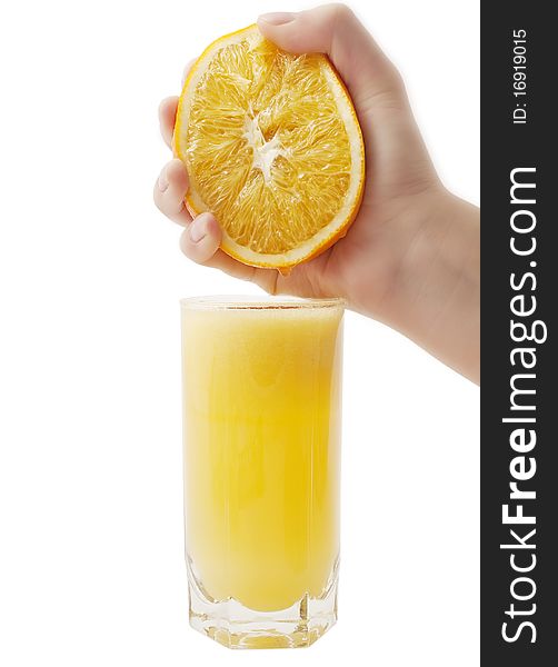 Cup fresh-squeezed orange juice on a white background