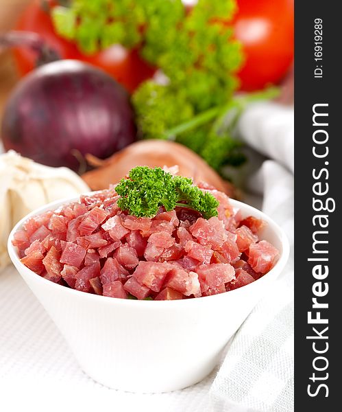 Fresh diced ham in bowl