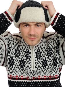Funny Winter Men In Warm Hat And Clothes. Stock Photography