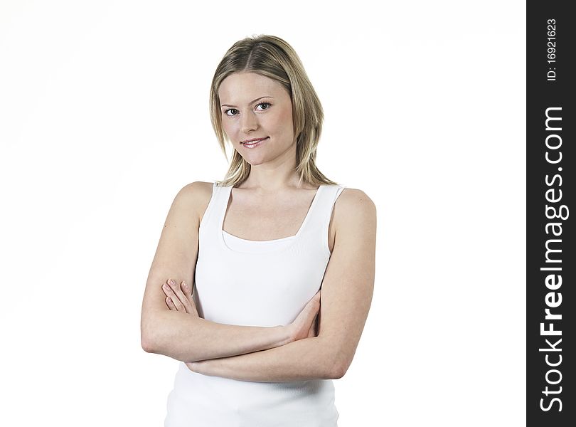 Young woman happy and flirty with white shirt