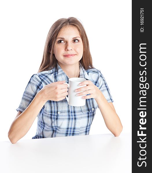 Teen-girl with cup of coffee. Isolated on white