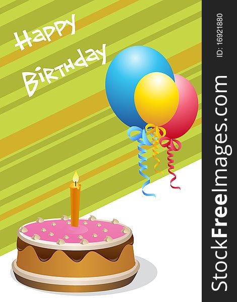 Illustration of birthday card with cake & balloons