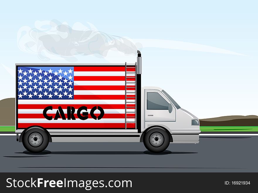 Illustration of cargo truck on road with american flag. Illustration of cargo truck on road with american flag