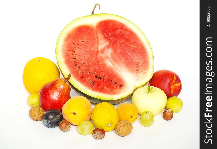 Different kinds of fruit on a white background