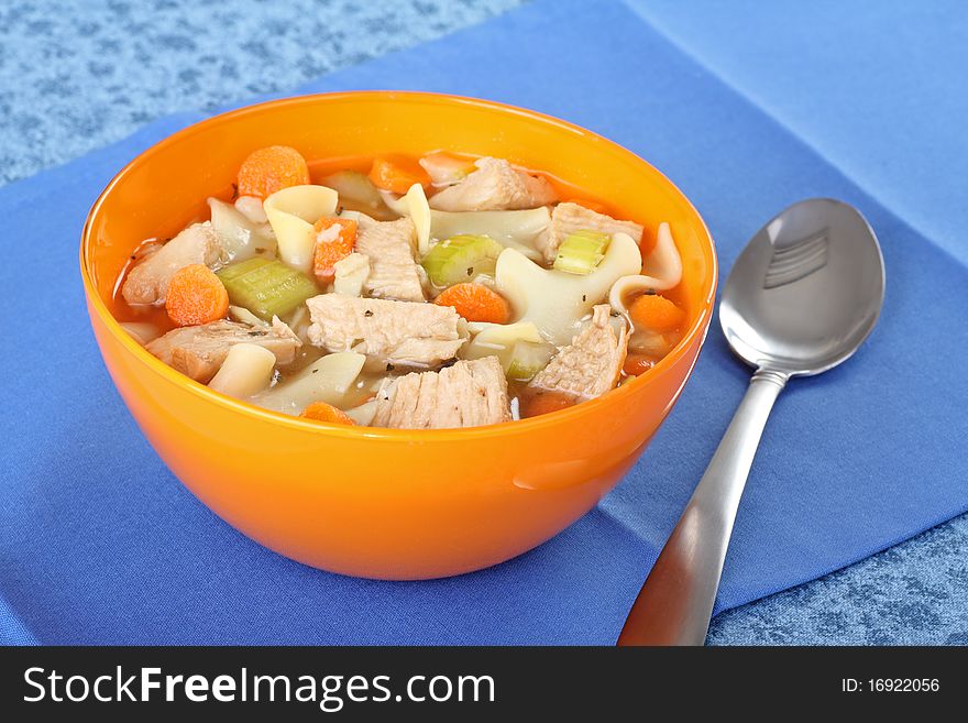 Bowl of chicken noodle soup with carrots and celery