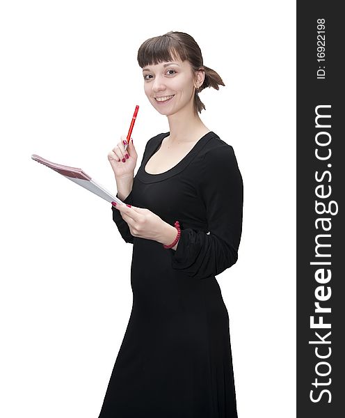 Smiling girl with a notebook on a white background. Smiling girl with a notebook on a white background