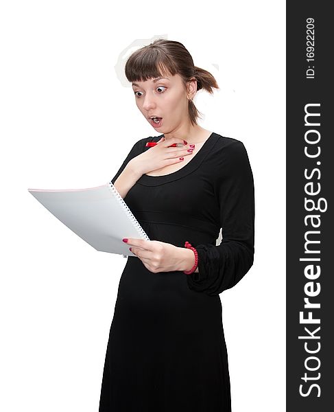 Girl with a notebook on a white background. Girl with a notebook on a white background