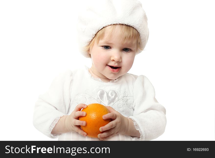 Studio portrait of smiling baby with mellow orange isolated on white. Studio portrait of smiling baby with mellow orange isolated on white