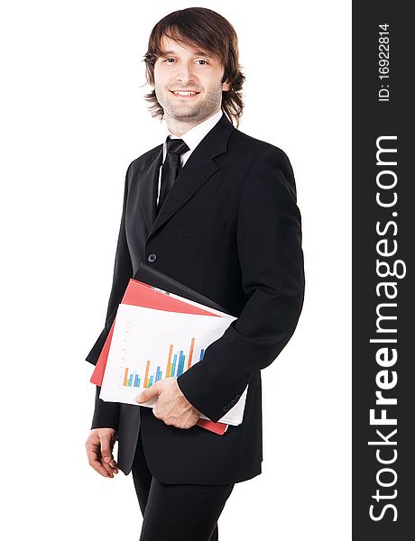 Cheerful businessman with a papers and folders against white background