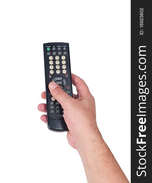 Hand holding television remote Isolated over white background .