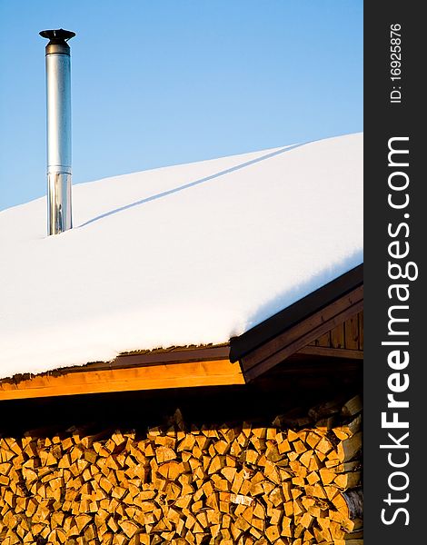 Wooden roof of firewood stack shed. Wooden roof of firewood stack shed