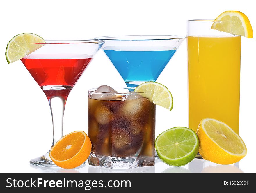 Cocktails with fruits on white background