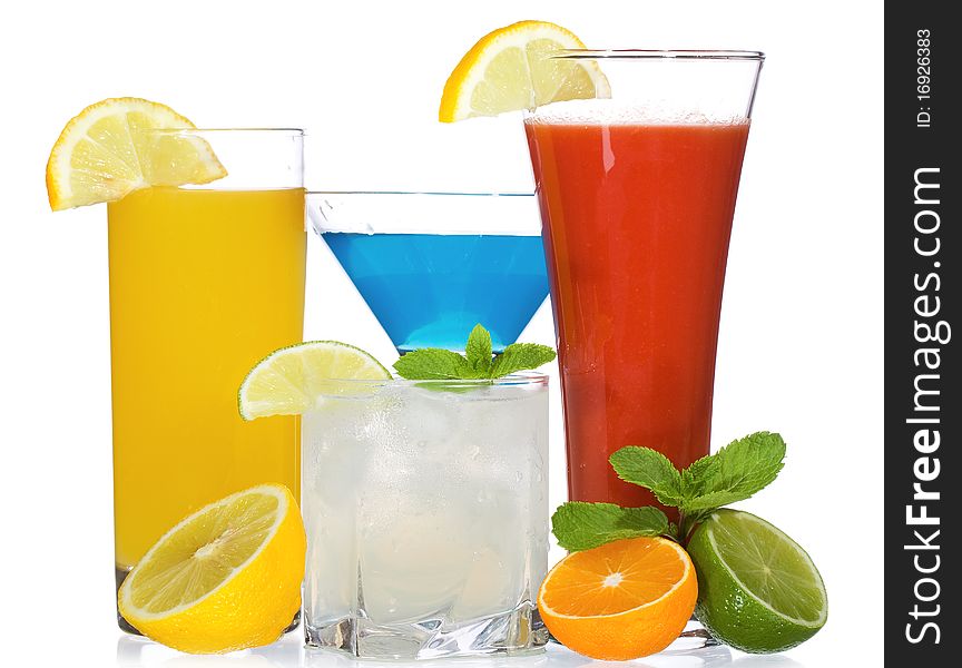 Cocktails with fruits on white background