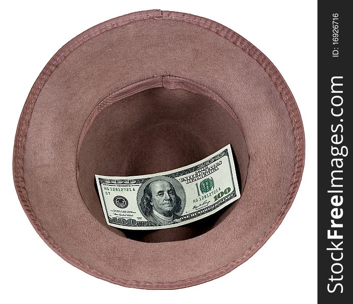 Brown man's hat fedora with alms 100 dollar bill, isolated on white. Brown man's hat fedora with alms 100 dollar bill, isolated on white