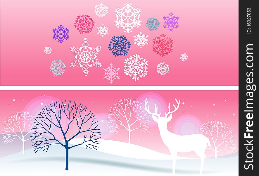 Silhouettes of  trees,deer, snowflakes on a pink background. Silhouettes of  trees,deer, snowflakes on a pink background