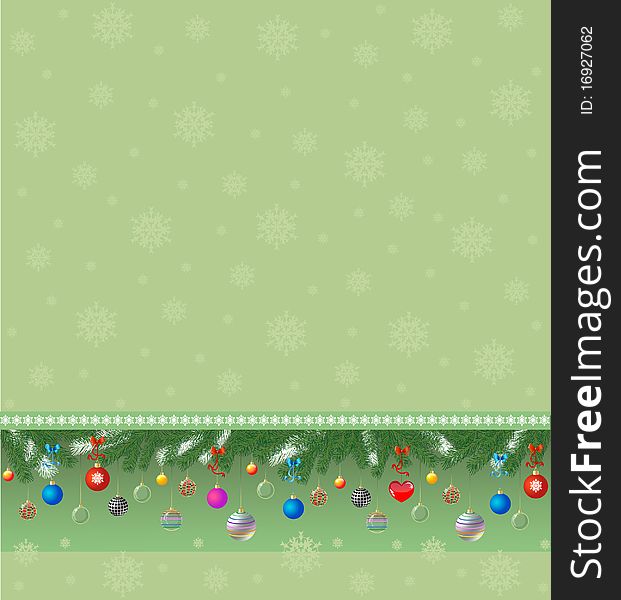 Branches of fir,colorful ballons and snowflakes on a green background. Branches of fir,colorful ballons and snowflakes on a green background