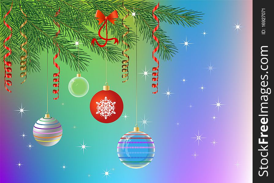 Branches of fir,colorful ballons and snowflakes on a colorful background. Branches of fir,colorful ballons and snowflakes on a colorful background