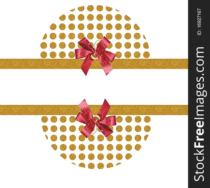 Two half circles of gold dots patterns and christmas red bows bordering a copyspace. Two half circles of gold dots patterns and christmas red bows bordering a copyspace