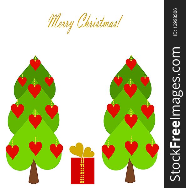 Decorative Christmas trees with red hearts and present. Copy space for greetings