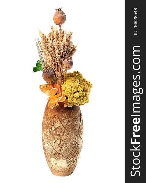 Dried stems and flowers of plants in a clay vase. Dried stems and flowers of plants in a clay vase