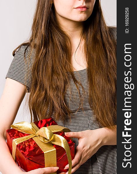 Beautiful woman, holding nice present on white. Beautiful woman, holding nice present on white